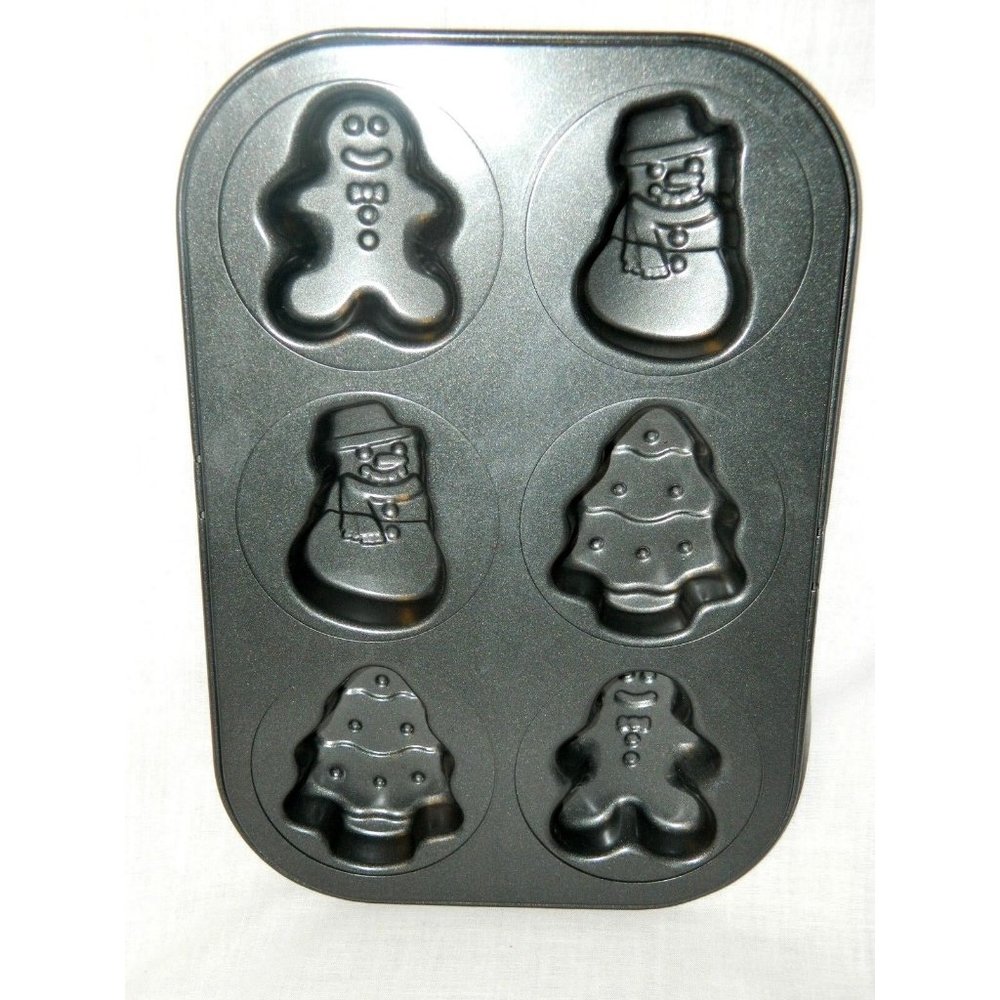 Christmas Cake Pan Mini Tree Snowman Gingerbread Man 6 Cavity Non Stick